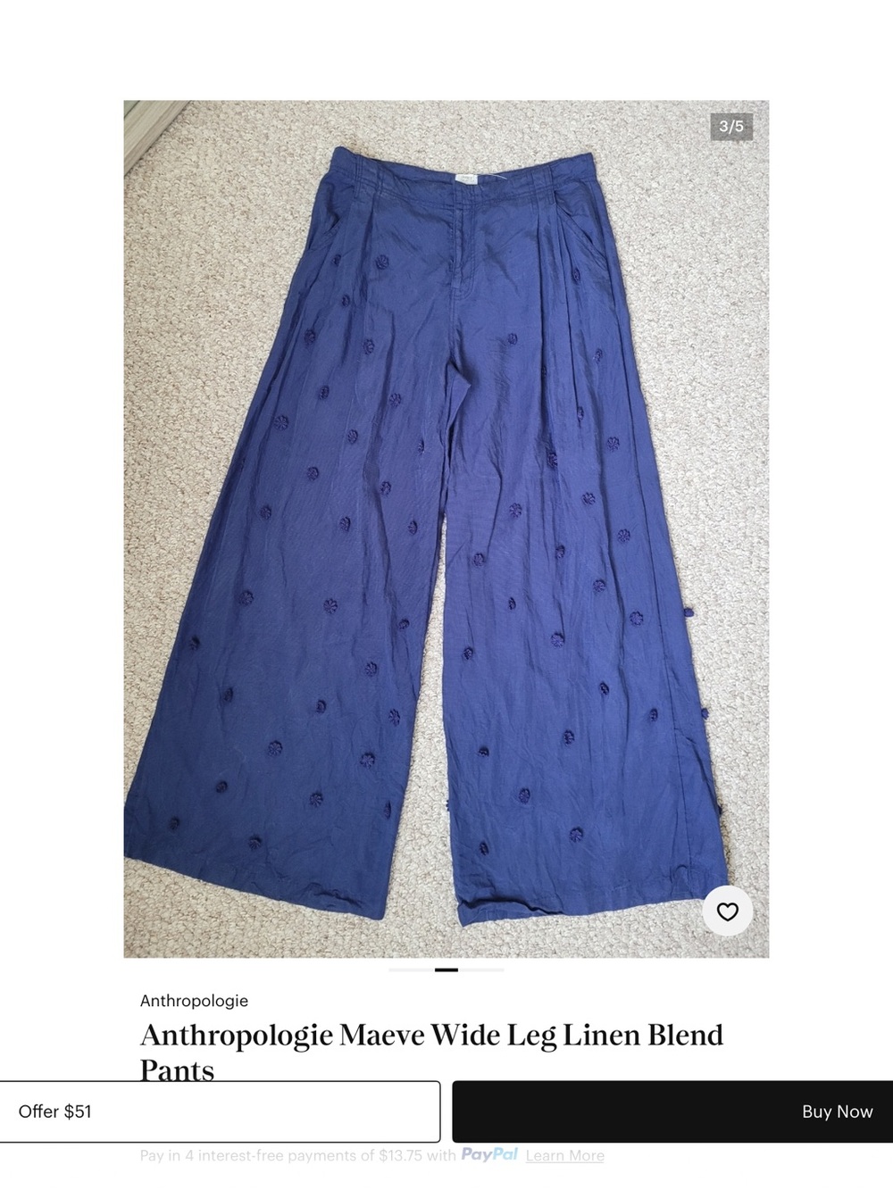 Maeve Navy Wide-Leg Embroidered Pants
